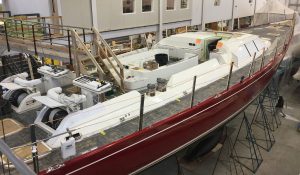 Red Sky's old deck removed awaiting new teak
