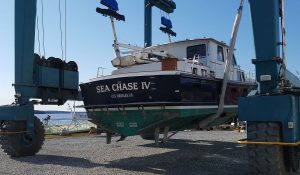 Sea Chase IV arrives from California for a refit at Lyman-Morse in Thomaston, Maine.