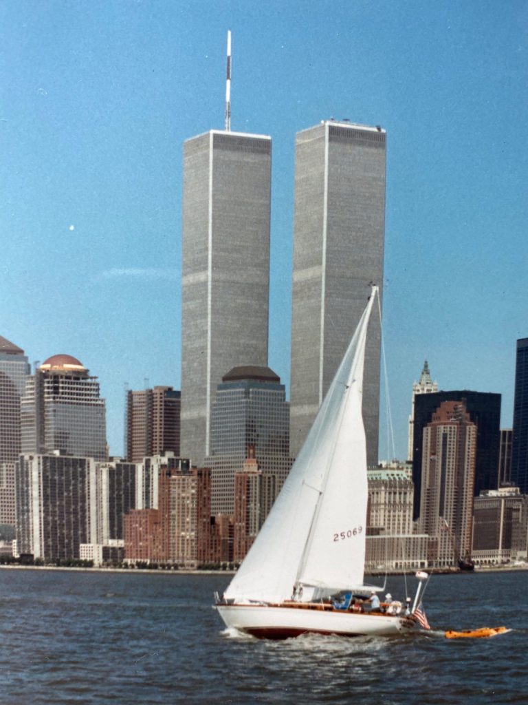 Galavant sailing in front of the twin towers, 1987